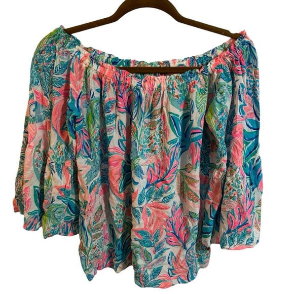 Lily Pulitzer Tropical Blue and Pink off the shoulder top - Picture 1 of 6